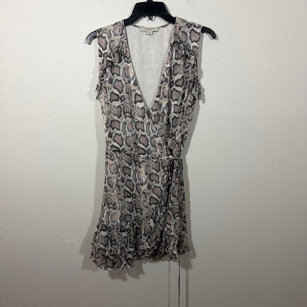 AllSaints Priya Misra Cream Pink Snakeskin Ruffle Detail Wrap Dress Womens XS